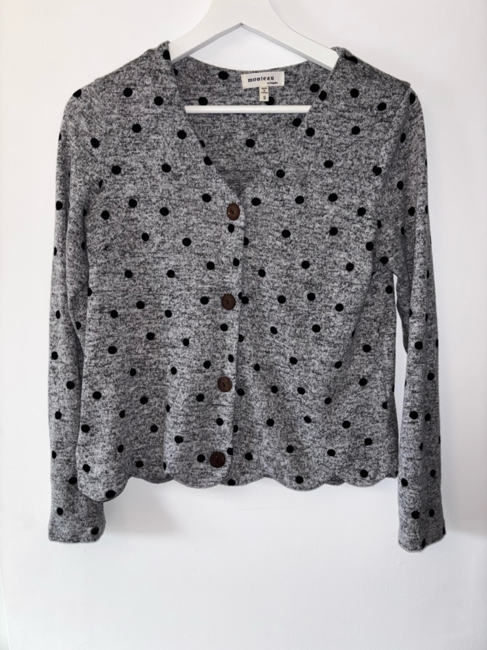 Monteau Gray Polka Dot Cardigan with Scalloped Hem
